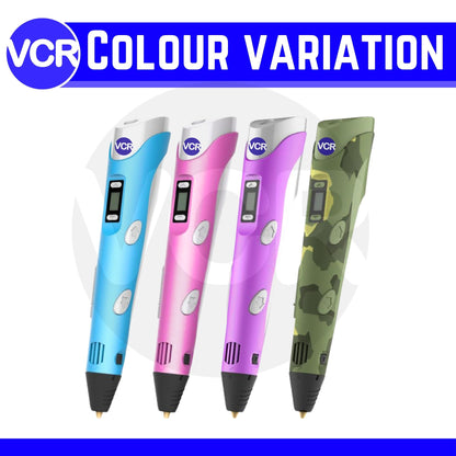 VCR 3D Pen with USB Power - Pack of 3 x 3 Meters in Length Filament Forward Button to start 3D Pen - Adjustable Temperature for 1.75mm PLA - Perfect Pen for DIY Craft with LCD Display