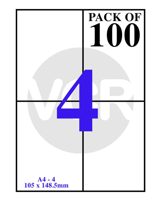 VCR A4 Size White Self Adhesive Label/Sticker for Printer (Inject/Copier/Laser) - 4 Sticker Per Sheet - 100 Sheets Pack