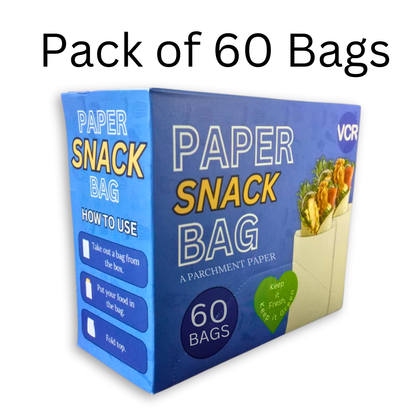 VCR Paper Snack Bags for Food - Pack of 60 Snack Bags - 8x5.5 Inch Paper Bag Each - Snack Paper Bags for Food Storage, Take away, Parcel and Packaging - Parchment Paper Snack Bags for food