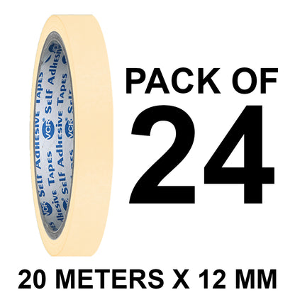 VCR Masking Tape - 20 Meters in Length 12mm / 0.5" Width - Easy Tear Tape, Best for Carpenter, Labelling, Painting and leaves no residue after a peel.