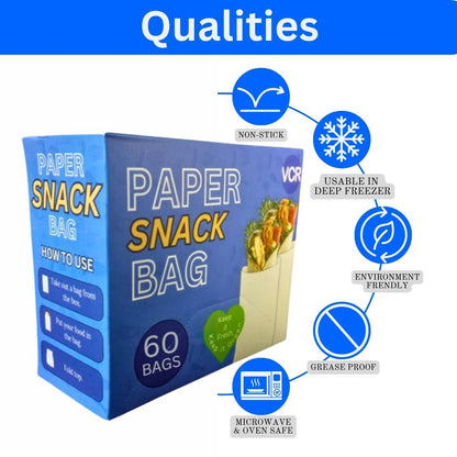 VCR Paper Snack Bags for Food - Pack of 60 Snack Bags - 8x5.5 Inch Paper Bag Each - Snack Paper Bags for Food Storage, Take away, Parcel and Packaging - Parchment Paper Snack Bags for food