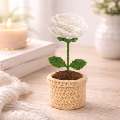 VCR Handmade Crochet White Rose Pot - Pack of 1 - Hand Woven Knitted Artificial White Rose Pot Hand Knitted Flower for office Desk, Table, Car, Bedroom, Wedding & Special Occasions