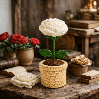 VCR Handmade Crochet White Rose Pot - Pack of 1 - Hand Woven Knitted Artificial White Rose Pot Hand Knitted Flower for office Desk, Table, Car, Bedroom, Wedding & Special Occasions