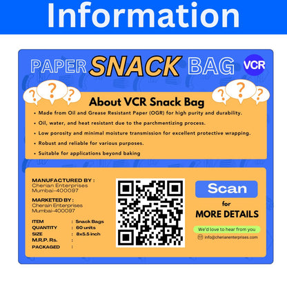 VCR Paper Snack Bags for Food - Pack of 60 Snack Bags - 8x5.5 Inch Paper Bag Each - Snack Paper Bags for Food Storage, Take away, Parcel and Packaging - Parchment Paper Snack Bags for food