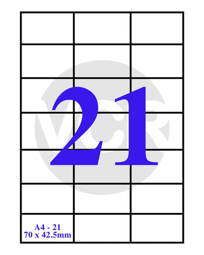 VCR A4 Size White Self Adhesive Label/Sticker for Printer (Inject/Copier/Laser) - 21 Sticker Per Sheet - 25 Sheets Pack