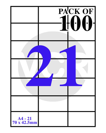 VCR A4 Size White Self Adhesive Label/Sticker for Printer (Inject/Copier/Laser) - 21 Sticker Per Sheet - 100 Sheets Pack