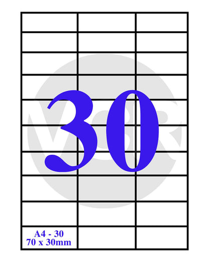 VCR A4 Size White Self Adhesive Label/Sticker for Printer (Inject/Copier/Laser) - 30 Sticker Per Sheet - 100 Sheets Pack