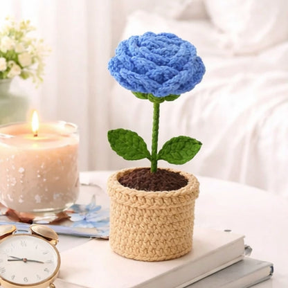 VCR Handmade Crochet Blue Rose Pot - Pack of 1 - Hand Woven Knitted Artificial Blue Rose Pot Hand Knitted Flower for office Desk, Table, Car, Bedroom, Wedding & Special Occasions
