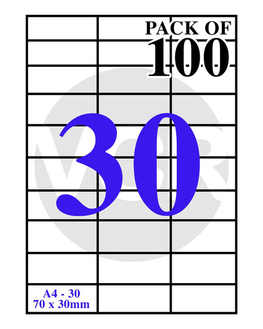 VCR A4 Size White Self Adhesive Label/Sticker for Printer (Inject/Copier/Laser) - 30 Sticker Per Sheet - 100 Sheets Pack