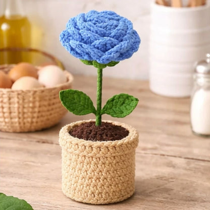 VCR Handmade Crochet Blue Rose Pot - Pack of 1 - Hand Woven Knitted Artificial Blue Rose Pot Hand Knitted Flower for office Desk, Table, Car, Bedroom, Wedding & Special Occasions