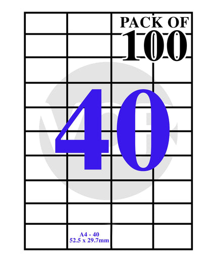 VCR A4 Size White Self Adhesive Label/Sticker for Printer (Inject/Copier/Laser) - 40 Sticker Per Sheet - 100 Sheets Pack