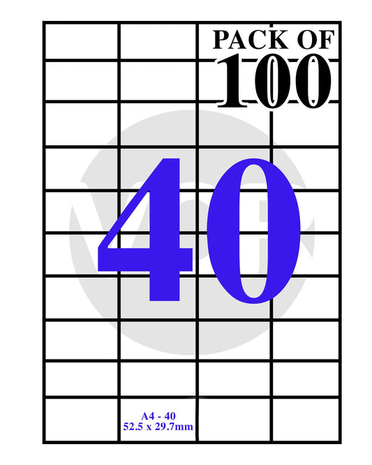 VCR A4 Size White Self Adhesive Label/Sticker for Printer (Inject/Copier/Laser) - 40 Sticker Per Sheet - 100 Sheets Pack
