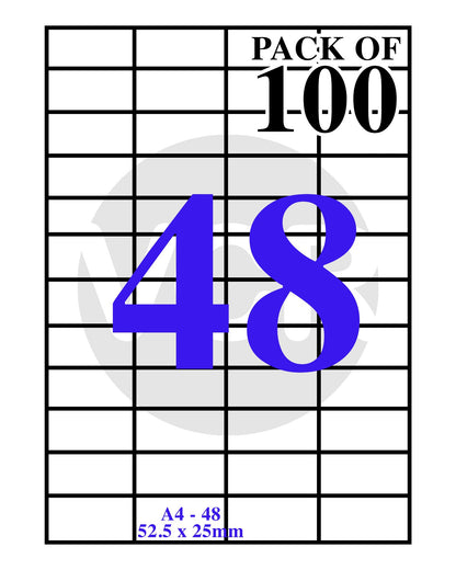 VCR A4 Size White Self Adhesive Label/Sticker for Printer (Inject/Copier/Laser) - 48 Sticker Per Sheet - 100 Sheets Pack