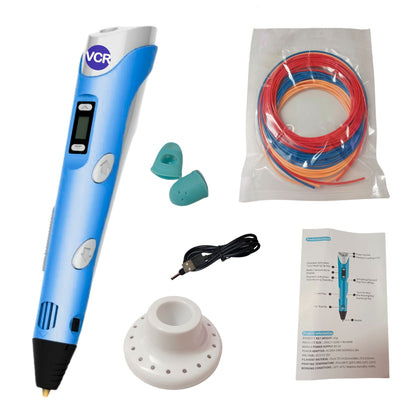VCR 3D Pen with USB Power - Pack of 3 x 3 Meters in Length Filament Forward Button to start 3D Pen - Adjustable Temperature for 1.75mm PLA - Perfect Pen for DIY Craft with LCD Display