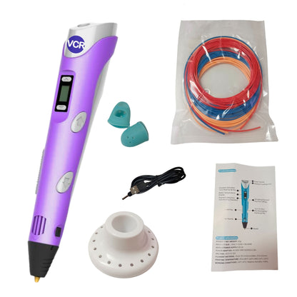 VCR 3D Pen with USB Power - Pack of 3 x 3 Meters in Length Filament Forward Button to start 3D Pen - Adjustable Temperature for 1.75mm PLA - Perfect Pen for DIY Craft with LCD Display