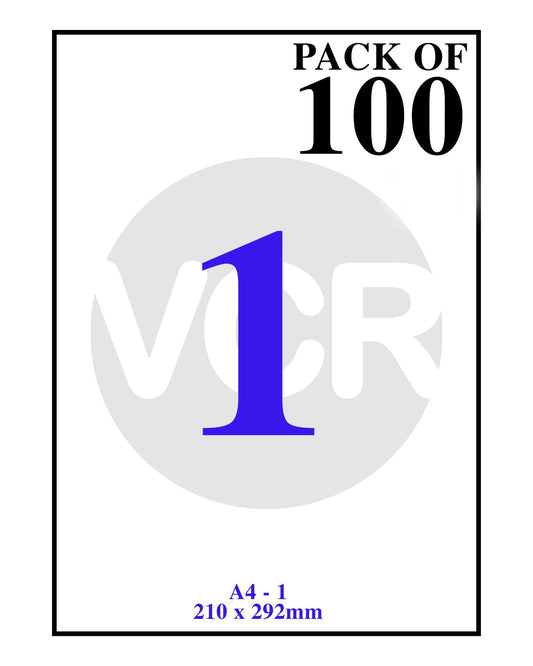 VCR A4 Size White Self Adhesive Label/Sticker for Printer (Inject/Copier/Laser) - 1 Sticker Per Sheet - 100 Sheets Pack