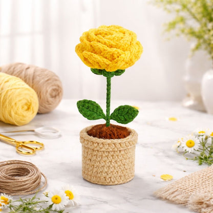VCR Handmade Crochet Yellow Rose Pot - Pack of 1 - Hand Woven Knitted Artificial Yellow Rose Pot Hand Knitted Flower for office Desk, Table, Car, Bedroom, Wedding & Special Occasions