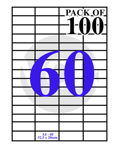 VCR A4 Size White Self Adhesive Label/Sticker for Printer (Inject/Copier/Laser) - 60 Sticker Per Sheet - 100 Sheets Pack