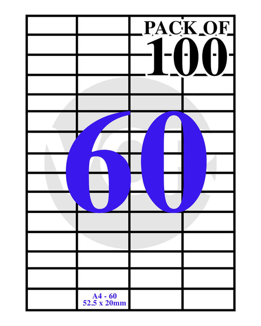 VCR A4 Size White Self Adhesive Label/Sticker for Printer (Inject/Copier/Laser) - 60 Sticker Per Sheet - 100 Sheets Pack