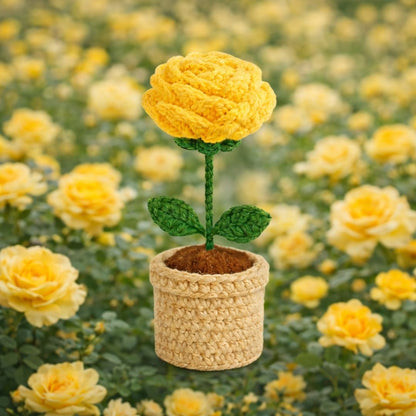 VCR Handmade Crochet Yellow Rose Pot - Pack of 1 - Hand Woven Knitted Artificial Yellow Rose Pot Hand Knitted Flower for office Desk, Table, Car, Bedroom, Wedding & Special Occasions