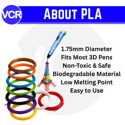VCR High Temperature 3D Pen PLA Filament - 1.75mm Diameter - 5 Meter in Length - Multicolor Refill Set for USB Powered 3D Pen - DIY Crafts, Safe for Kids & Adults