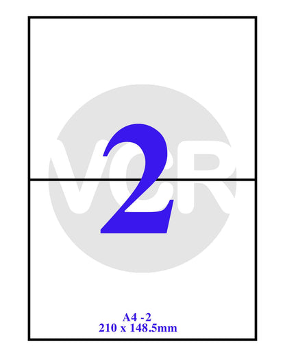 VCR A4 Size White Self Adhesive Label/Sticker for Printer (Inject/Copier/Laser) - 2 Sticker Per Sheet - 25 Sheets Pack