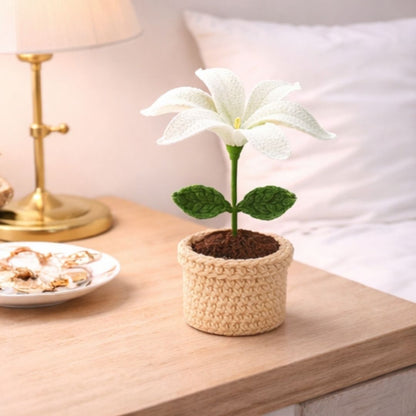 VCR Handmade Crochet White Lily Pot - Pack of 1 - Hand Woven Knitted Artificial White Lily Pot Hand Knitted Flower for office Desk, Table, Car, Bedroom, Wedding & Special Occasions