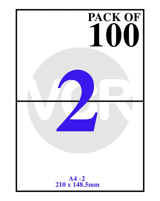 VCR A4 Size White Self Adhesive Label/Sticker for Printer (Inject/Copier/Laser) - 2 Sticker Per Sheet - 100 Sheets Pack
