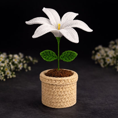 VCR Handmade Crochet White Lily Pot - Pack of 1 - Hand Woven Knitted Artificial White Lily Pot Hand Knitted Flower for office Desk, Table, Car, Bedroom, Wedding & Special Occasions