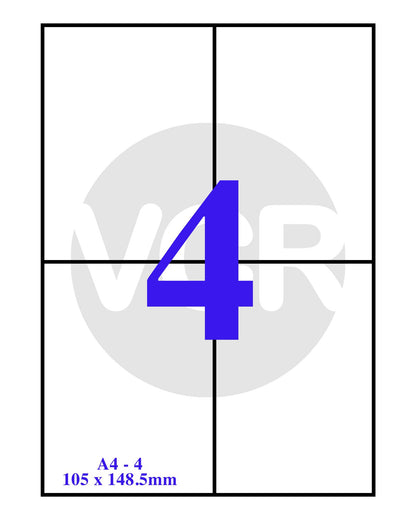 VCR A4 Size White Self Adhesive Label/Sticker for Printer (Inject/Copier/Laser) - 4 Sticker Per Sheet - 25 Sheets Pack