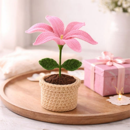 VCR Handmade Crochet Pink Lily Pot - Pack of 1 - Hand Woven Knitted Artificial Pink Lily Pot Hand Knitted Flower for office Desk, Table, Car, Bedroom, Wedding & Special Occasions