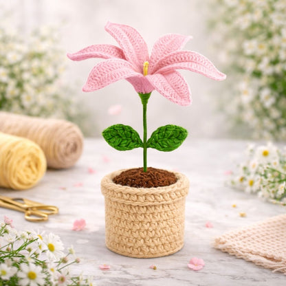 VCR Handmade Crochet Pink Lily Pot - Pack of 1 - Hand Woven Knitted Artificial Pink Lily Pot Hand Knitted Flower for office Desk, Table, Car, Bedroom, Wedding & Special Occasions