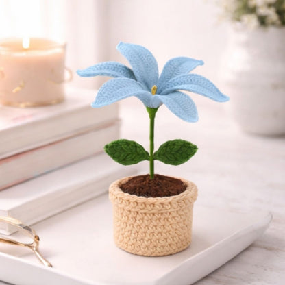 VCR Handmade Crochet Blue Lily Pot - Pack of 1 - Hand Woven Knitted Artificial Blue Lily Pot Hand Knitted Flower for office Desk, Table, Car, Bedroom, Wedding & Special Occasions