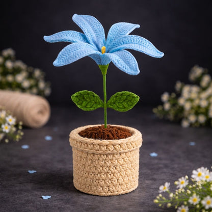 VCR Handmade Crochet Blue Lily Pot - Pack of 1 - Hand Woven Knitted Artificial Blue Lily Pot Hand Knitted Flower for office Desk, Table, Car, Bedroom, Wedding & Special Occasions
