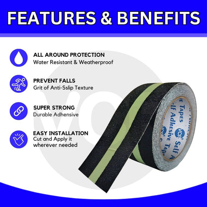 VCR Anti Skid / Anti Slip Tape - Glow in Dark - 5 Meters in Length - 50mm / 02" Width - 1 Roll Per Pack for Safety and Traction, Stairs, Slippery Surfaces - Waterproof Anti Slip Glow in the Dark