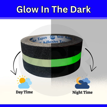 VCR Anti Skid / Anti Slip Tape - Glow in Dark - 5 Meters in Length - 50mm / 02" Width - 1 Roll Per Pack for Safety and Traction, Stairs, Slippery Surfaces - Waterproof Anti Slip Glow in the Dark