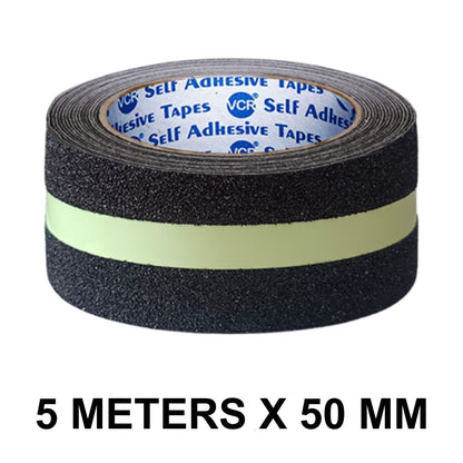 VCR Anti Skid / Anti Slip Tape - Glow in Dark - 5 Meters in Length - 50mm / 02" Width - 1 Roll Per Pack for Safety and Traction, Stairs, Slippery Surfaces - Waterproof Anti Slip Glow in the Dark