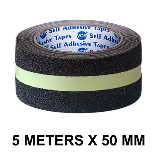 VCR Anti Skid / Anti Slip Tape - Glow in Dark - 5 Meters in Length - 50mm / 02" Width - 1 Roll Per Pack for Safety and Traction, Stairs, Slippery Surfaces - Waterproof Anti Slip Glow in the Dark