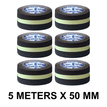 VCR Anti Skid / Anti Slip Tape - Glow in Dark - 5 Meters in Length - 50mm / 02" Width - 1 Roll Per Pack for Safety and Traction, Stairs, Slippery Surfaces - Waterproof Anti Slip Glow in the Dark