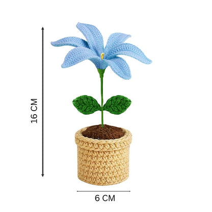 VCR Handmade Crochet Blue Lily Pot - Pack of 1 - Hand Woven Knitted Artificial Blue Lily Pot Hand Knitted Flower for office Desk, Table, Car, Bedroom, Wedding & Special Occasions