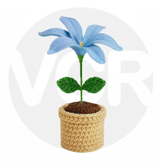 VCR Handmade Crochet Blue Lily Pot - Pack of 1 - Hand Woven Knitted Artificial Blue Lily Pot Hand Knitted Flower for office Desk, Table, Car, Bedroom, Wedding & Special Occasions