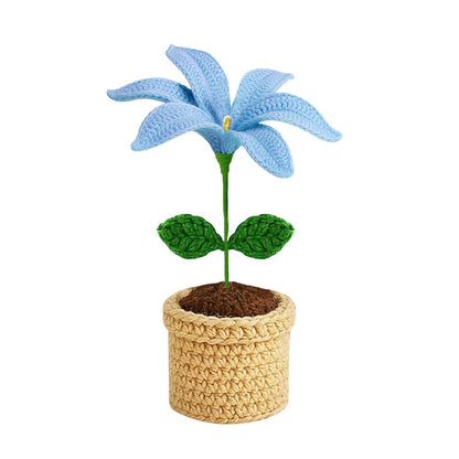 VCR Handmade Crochet Blue Lily Pot - Pack of 1 - Hand Woven Knitted Artificial Blue Lily Pot Hand Knitted Flower for office Desk, Table, Car, Bedroom, Wedding & Special Occasions
