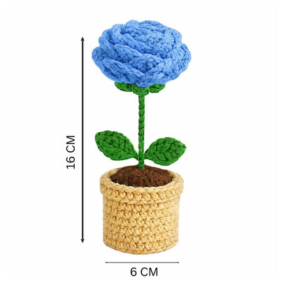 VCR Handmade Crochet Blue Rose Pot - Pack of 1 - Hand Woven Knitted Artificial Blue Rose Pot Hand Knitted Flower for office Desk, Table, Car, Bedroom, Wedding & Special Occasions