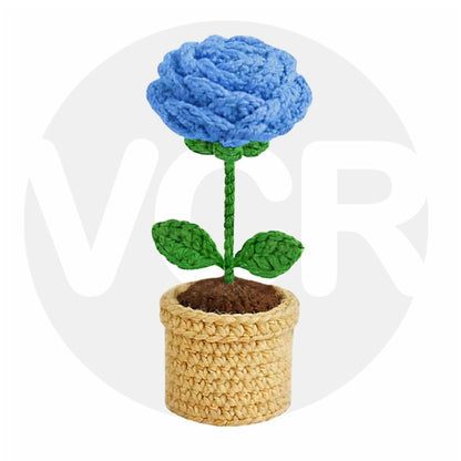 VCR Handmade Crochet Blue Rose Pot - Pack of 1 - Hand Woven Knitted Artificial Blue Rose Pot Hand Knitted Flower for office Desk, Table, Car, Bedroom, Wedding & Special Occasions