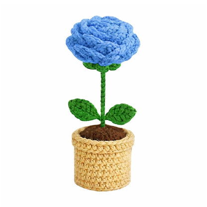 VCR Handmade Crochet Blue Rose Pot - Pack of 1 - Hand Woven Knitted Artificial Blue Rose Pot Hand Knitted Flower for office Desk, Table, Car, Bedroom, Wedding & Special Occasions