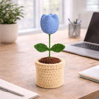 VCR Handmade Crochet Blue Tulip Pot - Pack of 1 - Hand Woven Knitted Artificial Blue Tulip Pot Hand Knitted Flower for office Desk, Table, Car, Bedroom, Wedding & Special Occasions