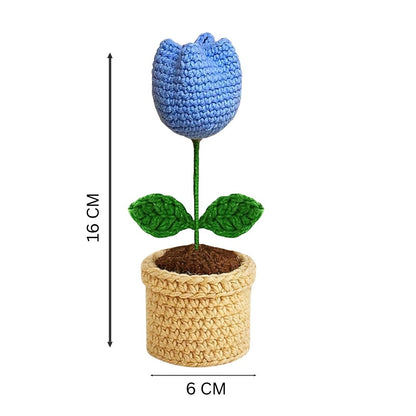 VCR Handmade Crochet Blue Tulip Pot - Pack of 1 - Hand Woven Knitted Artificial Blue Tulip Pot Hand Knitted Flower for office Desk, Table, Car, Bedroom, Wedding & Special Occasions