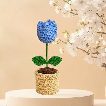 VCR Handmade Crochet Blue Tulip Pot - Pack of 1 - Hand Woven Knitted Artificial Blue Tulip Pot Hand Knitted Flower for office Desk, Table, Car, Bedroom, Wedding & Special Occasions