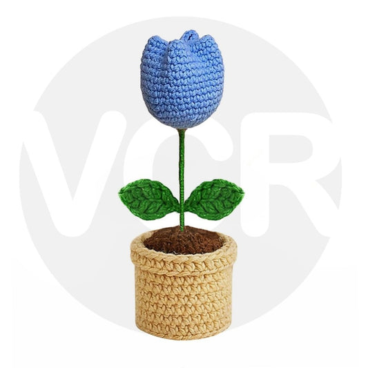 VCR Handmade Crochet Blue Tulip Pot - Pack of 1 - Hand Woven Knitted Artificial Blue Tulip Pot Hand Knitted Flower for office Desk, Table, Car, Bedroom, Wedding & Special Occasions