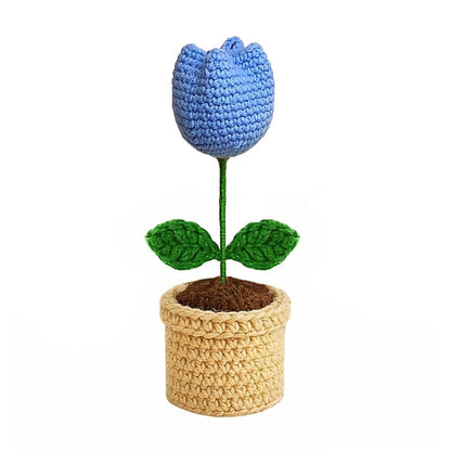 VCR Handmade Crochet Blue Tulip Pot - Pack of 1 - Hand Woven Knitted Artificial Blue Tulip Pot Hand Knitted Flower for office Desk, Table, Car, Bedroom, Wedding & Special Occasions